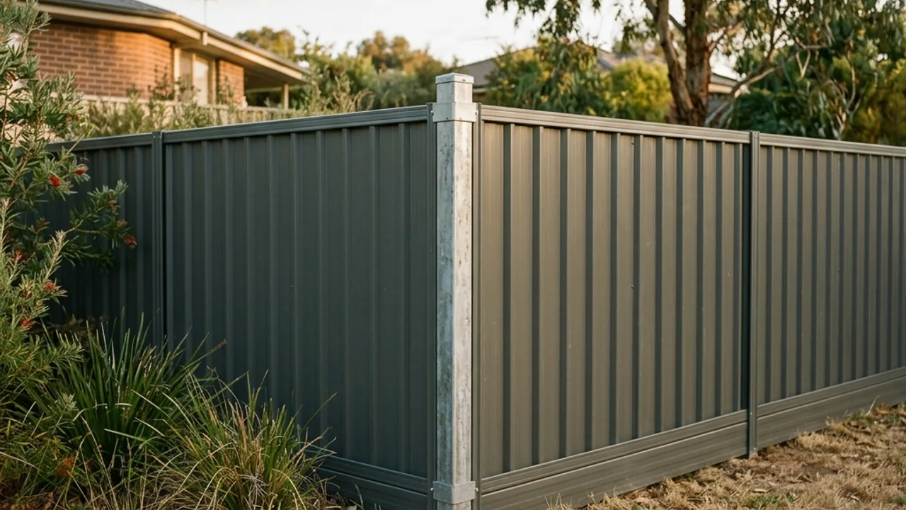 Fencing contractors setting a run of Colorbond panels along a boundary on a Toowoomba block