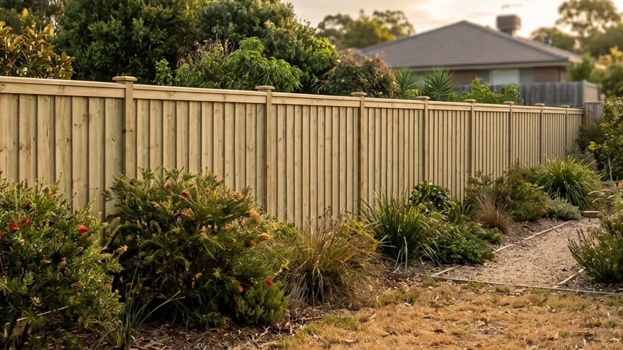 Completed Colorbond boundary fence with posts, rails and plinth line visible along a Toowoomba back yard