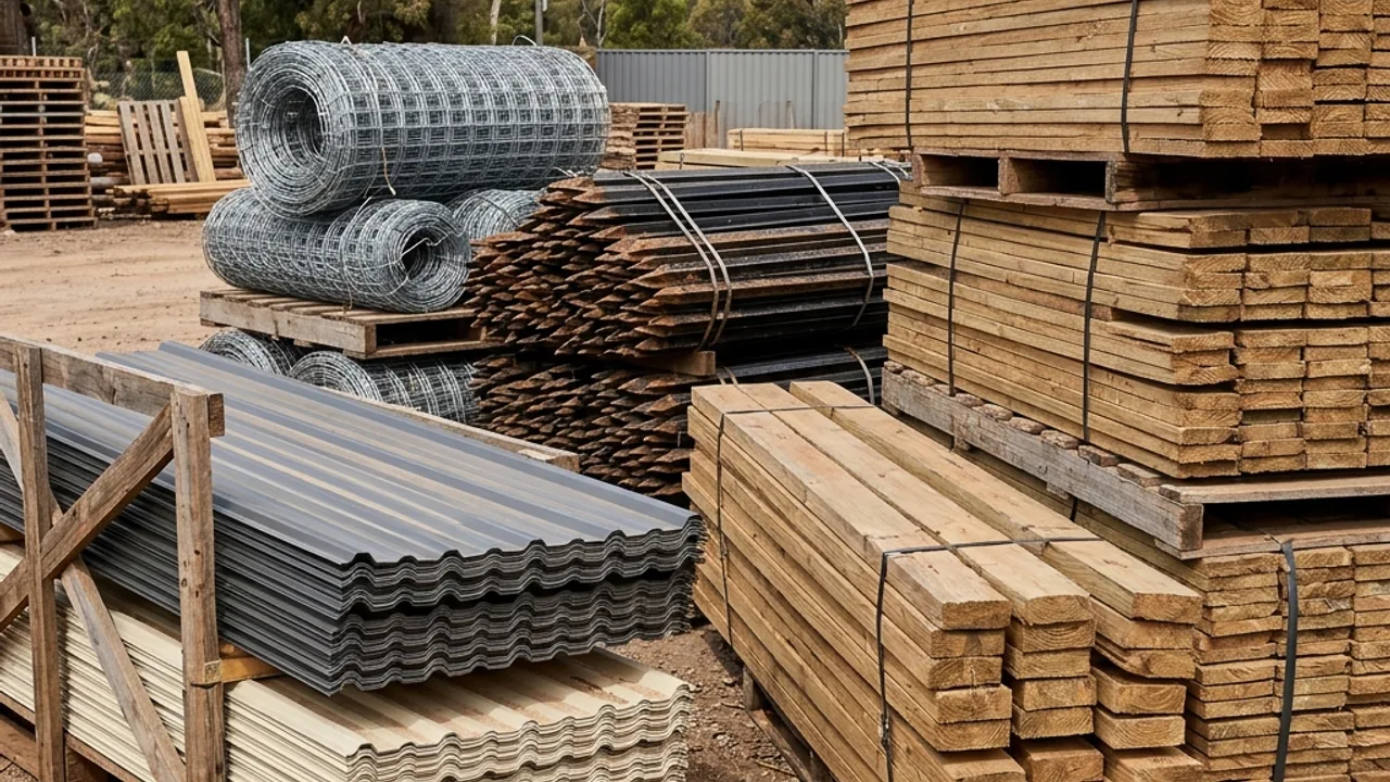 Rigid vinyl fence panels, pickets and rails stacked at a Toowoomba supplier yard