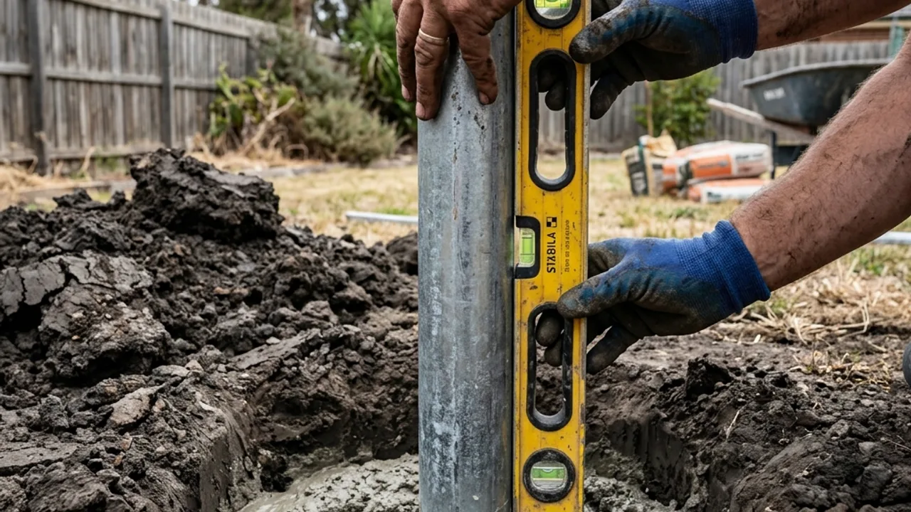 Fencing contractor setting posts to a stringline along a boundary fence line on a Toowoomba block