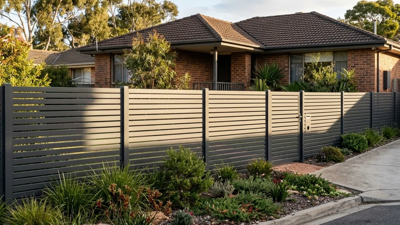 Horizontal aluminium slat front fence and matching gate on a modern Toowoomba home