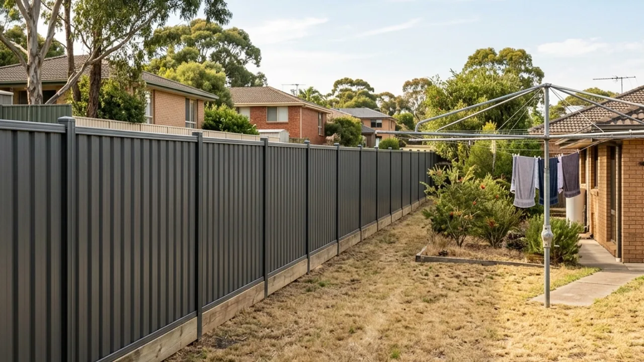 Long Woodland Grey Colorbond boundary fence along a Toowoomba back yard
