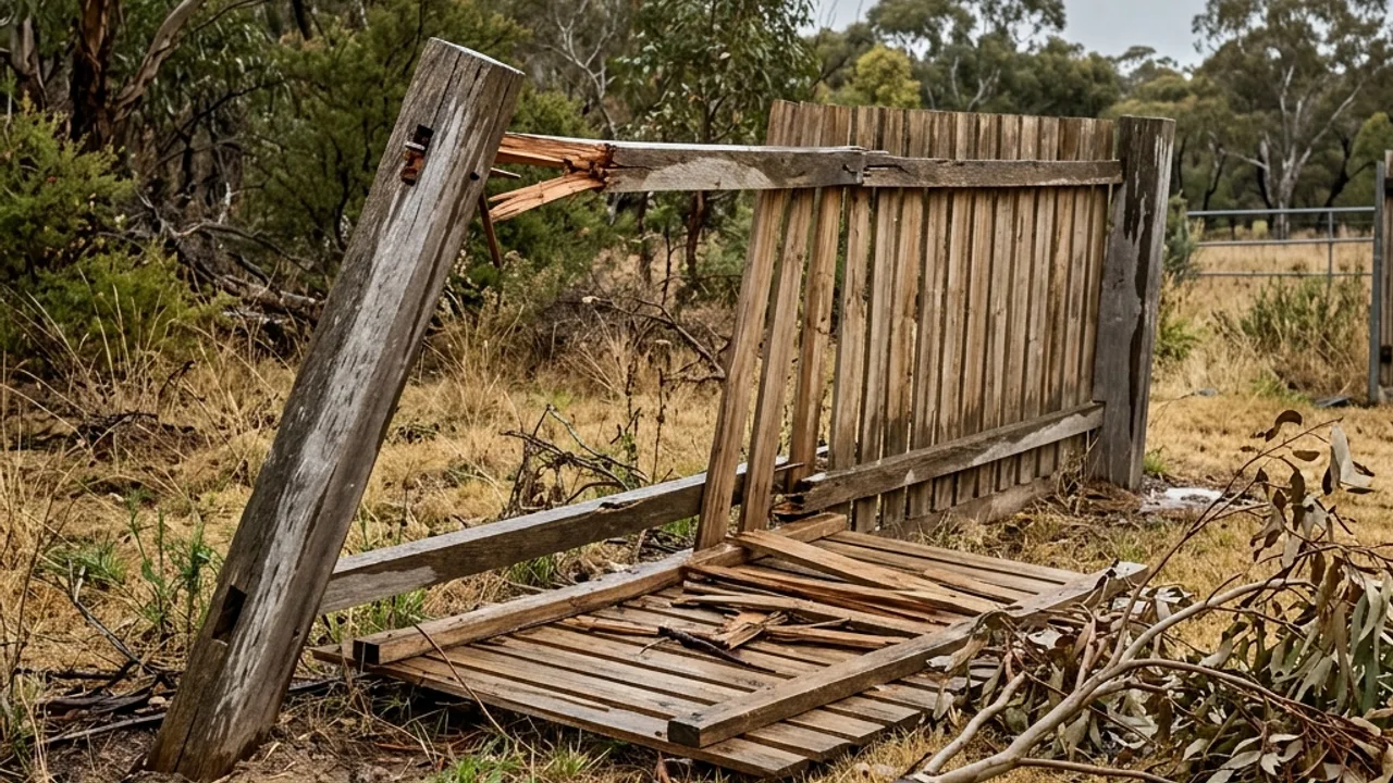 Storm-damaged fence run with a leaning post being repaired in Toowoomba