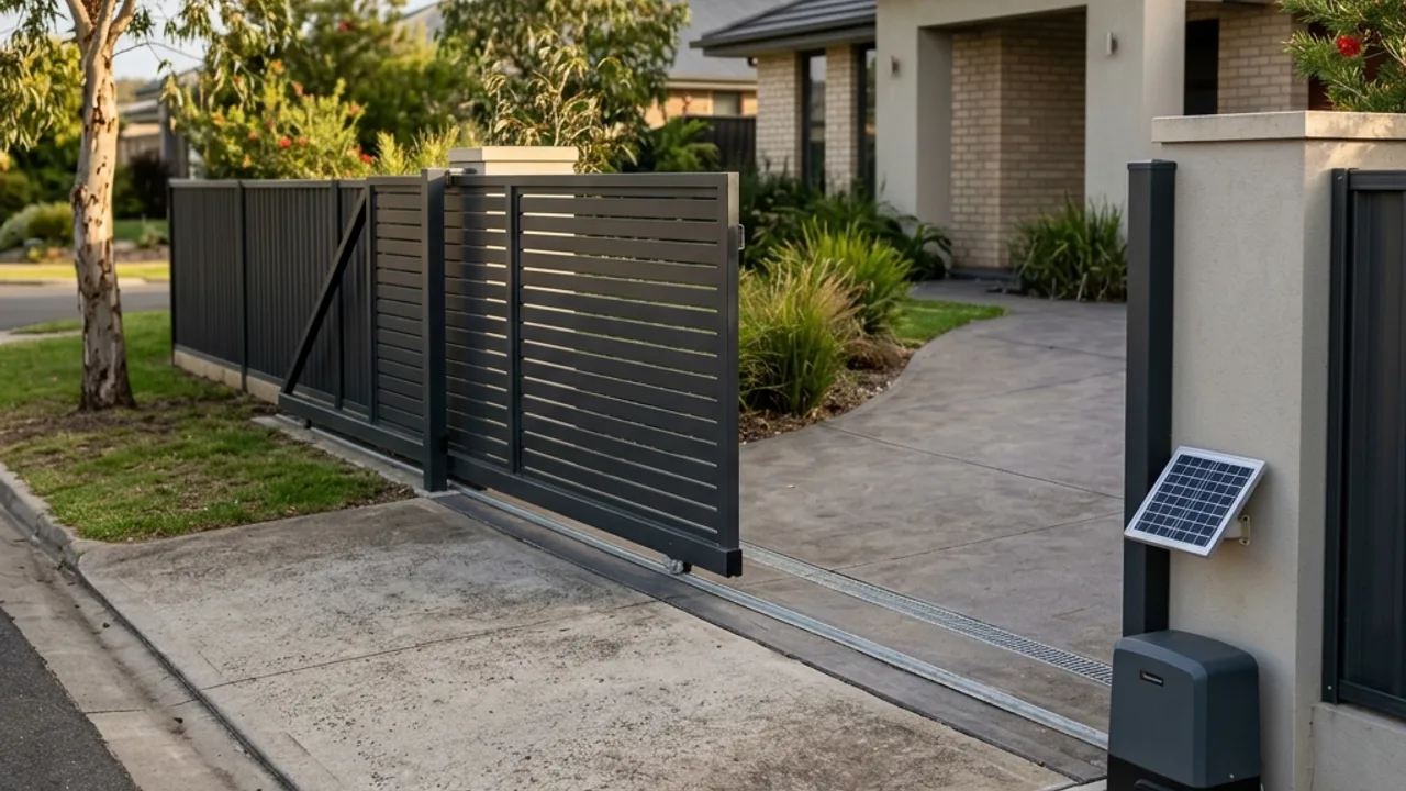 Automated sliding driveway gate with slat infill on a Toowoomba property