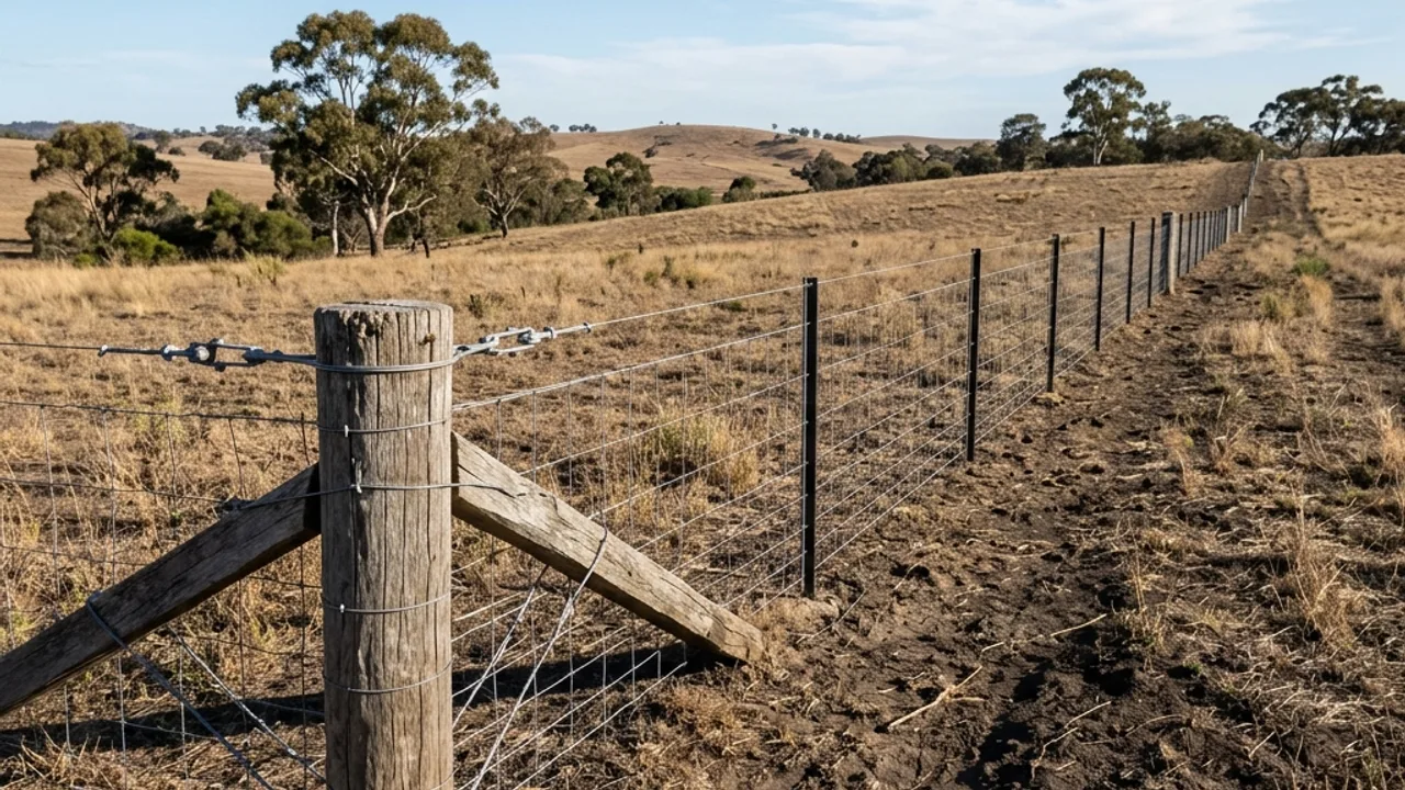 Ringlock rural fence with star pickets and a strained corner assembly on Darling Downs country